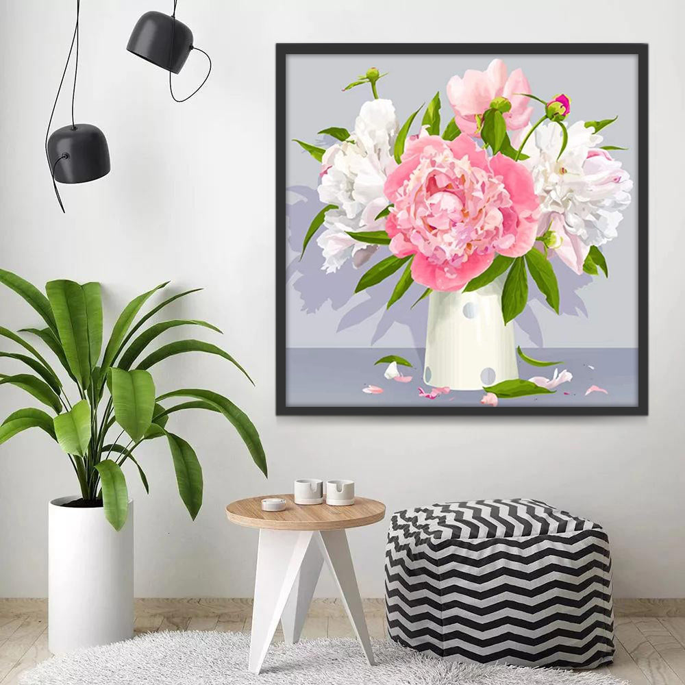 Peonías Blancas y Rosadas en Florero con Fondo Gris Pintar por Números