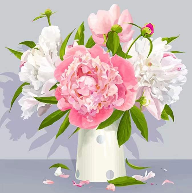 Peonías Blancas y Rosadas en Florero con Fondo Gris Pintar por Números