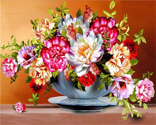 Peonías Coloridas en Jarrón de Porcelana con Fondo Marrón Pintar por Números