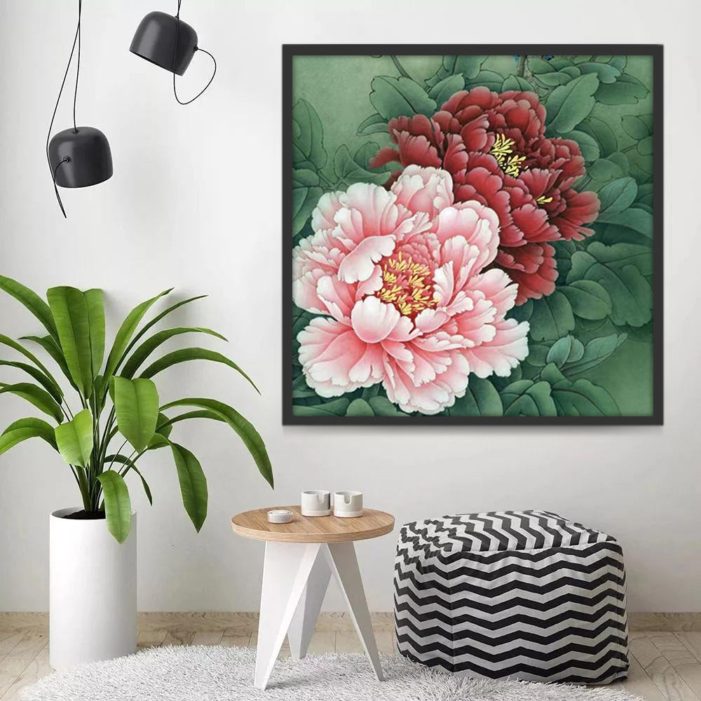 Peonías de Color Rosado y Rojo entre Hojas Verdes Pintar por Números
