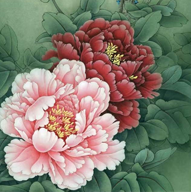 Peonías de Color Rosado y Rojo entre Hojas Verdes Pintar por Números