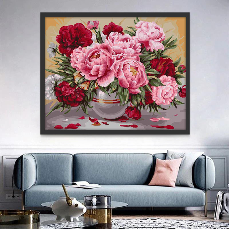 Peonías de Colores Diferentes en Florero de Cristal Pintar por Números
