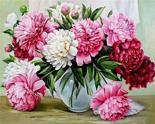 Peonías en Florero Blanco de Porcelana Pintar por Números