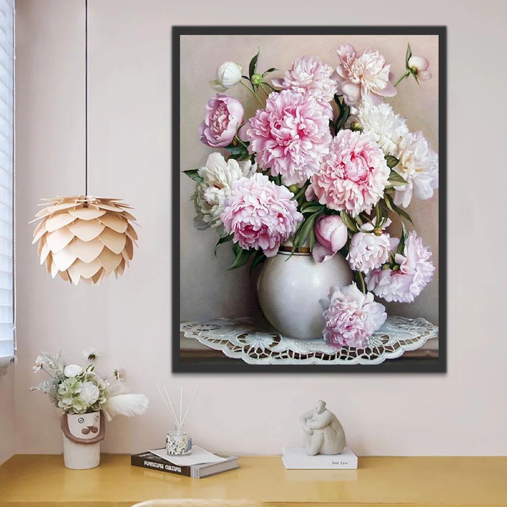 Peonías en Florero Blanco Redondo de Porcelana Pintar por Números