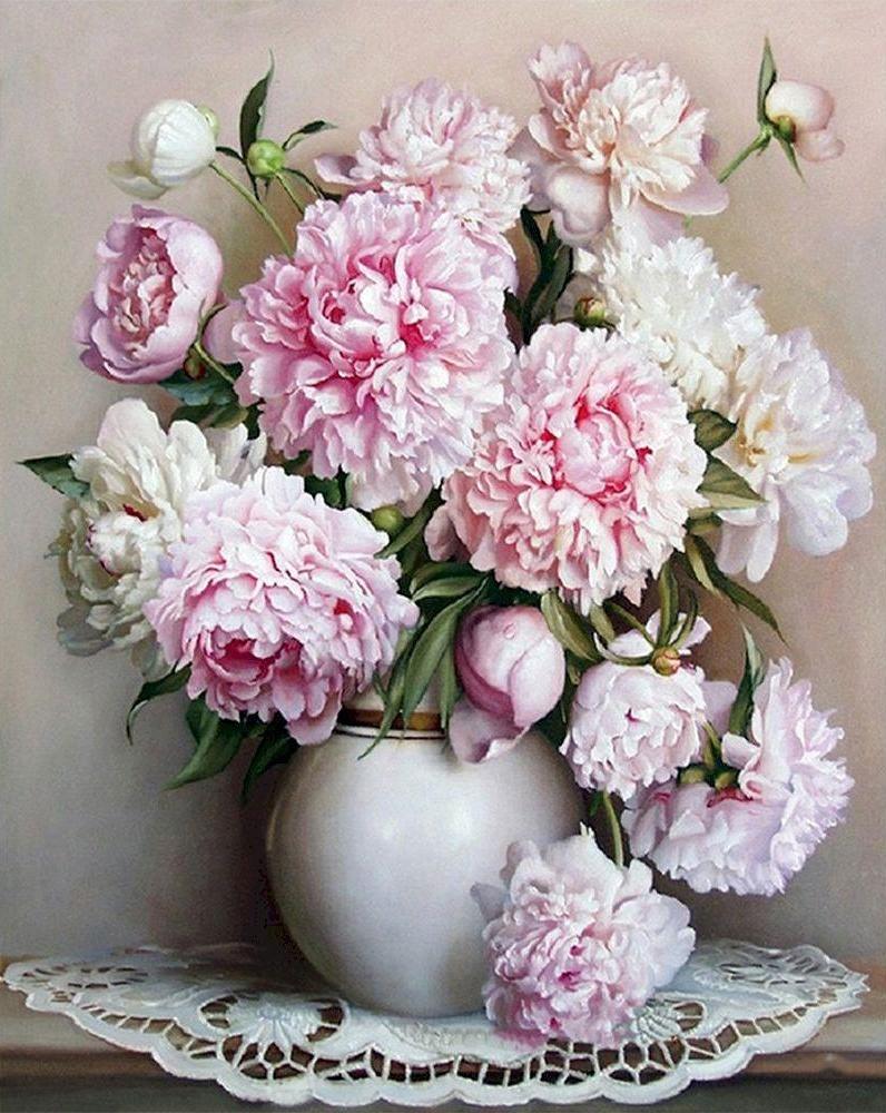 Peonías en Florero Blanco Redondo de Porcelana Pintar por Números