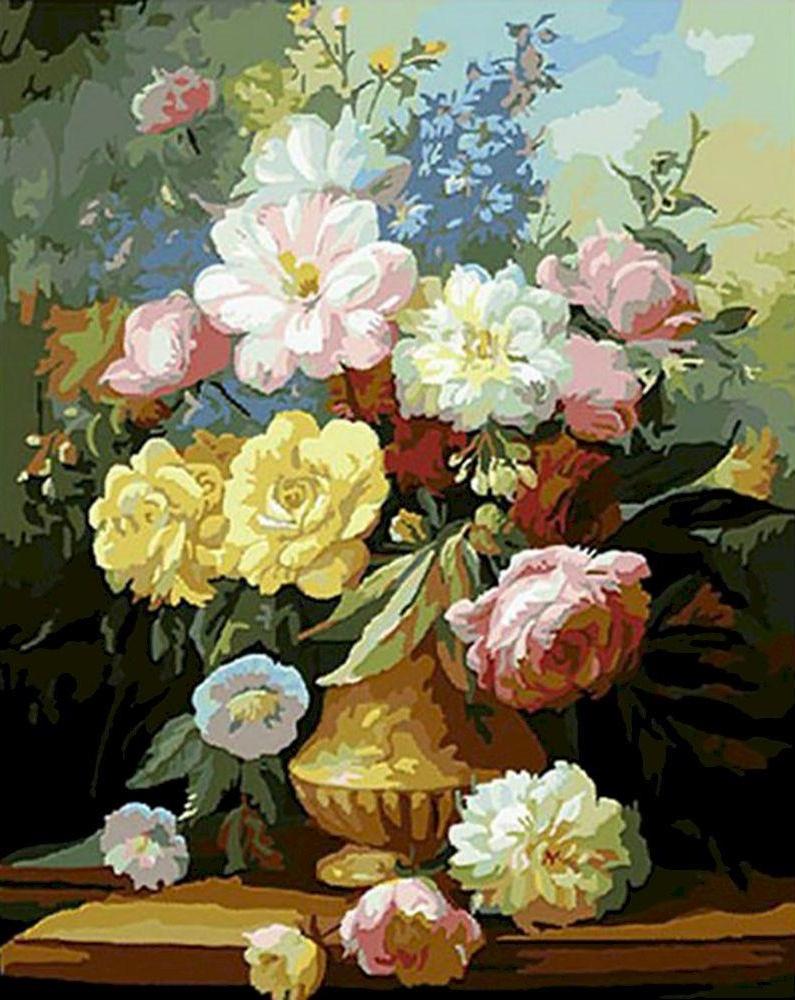 Peonías en Florero con Fondo de Pintura de Paisaje Pintar por Números