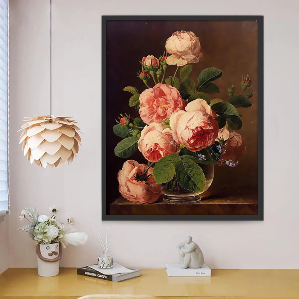 Peonías en Florero de Cristal con Fondo de Oscuridad Pintar por Números