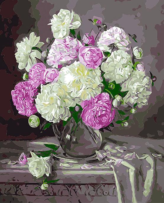 Peonías en Florero de Cristal en el Fondo Oscuro Pintar por Números