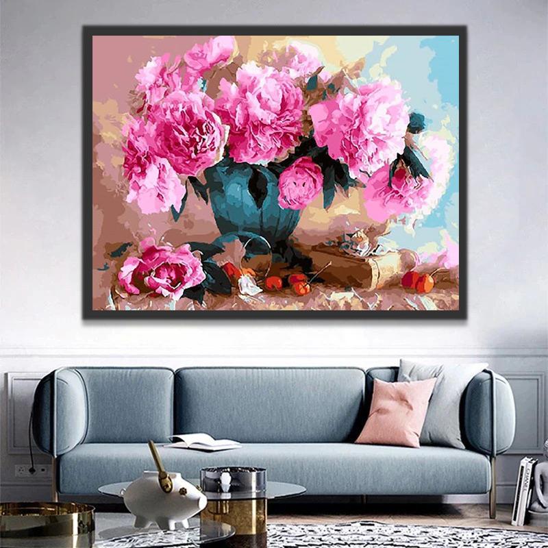 Peonías Hermosas en Florero de Color Cian con Fondo Claro Pintar por Números