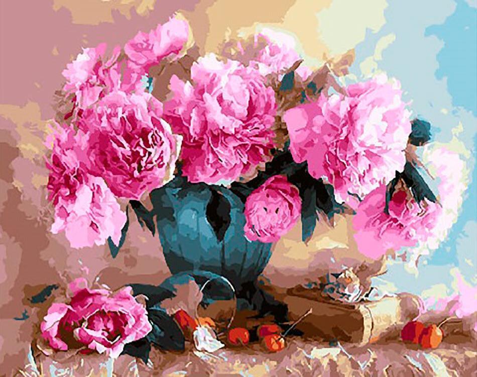 Peonías Hermosas en Florero de Color Cian con Fondo Claro Pintar por Números