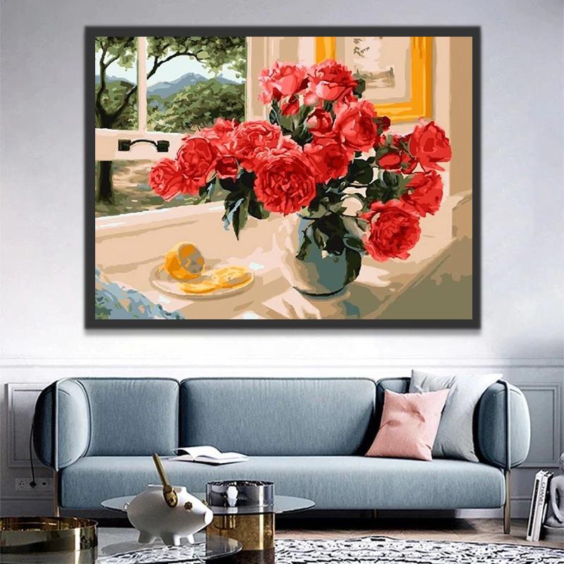 Peonías Rojas en Florero y Árboles Verdes Fuera de Ventana Pintar por Números