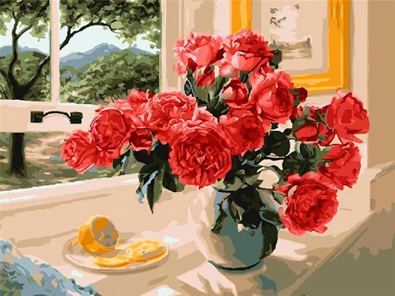 Peonías Rojas en Florero y Árboles Verdes Fuera de Ventana Pintar por Números