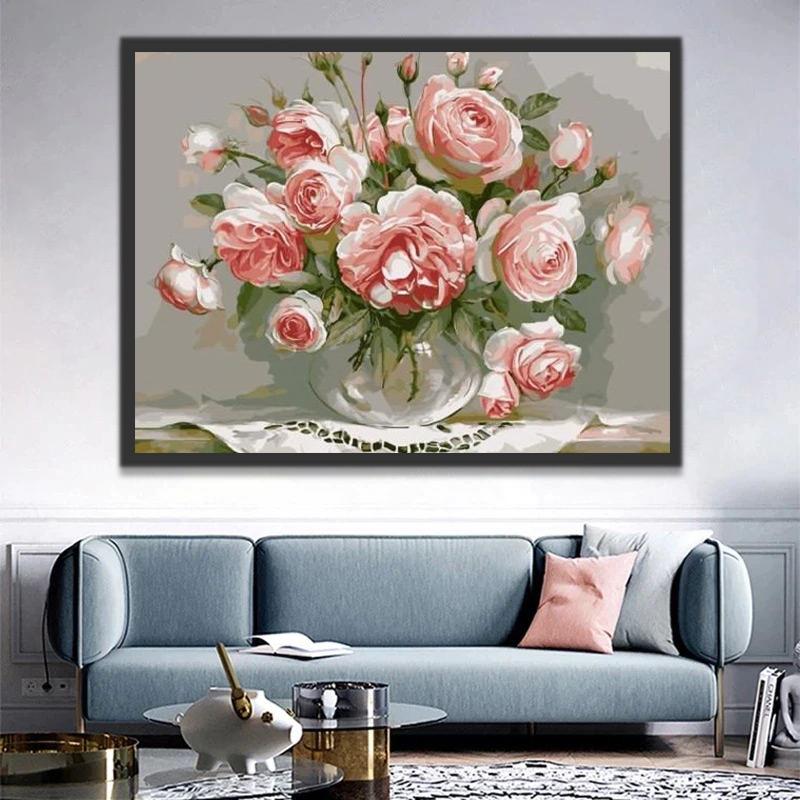 Peonías Rosadas Claras en Florero de Vidrio Pintar por Números