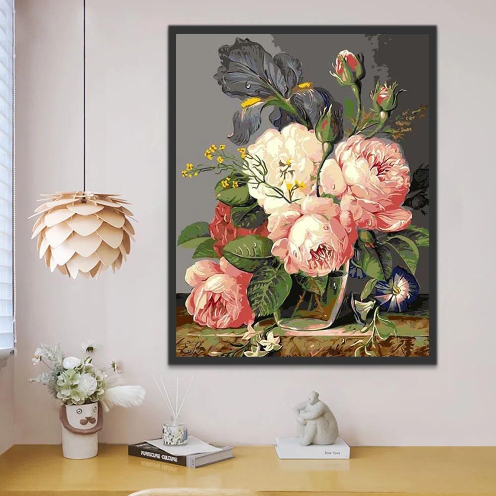 Peonías Rosadas E Iris Gris en Florero de Cristal Pintar por Números