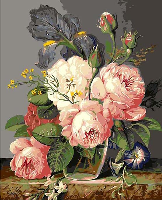 Peonías Rosadas E Iris Gris en Florero de Cristal Pintar por Números