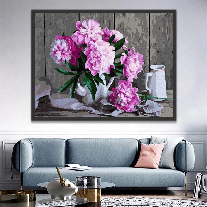 Peonías Rosadas en Florero con Asas en el Fondo de Madera Pintar por Números