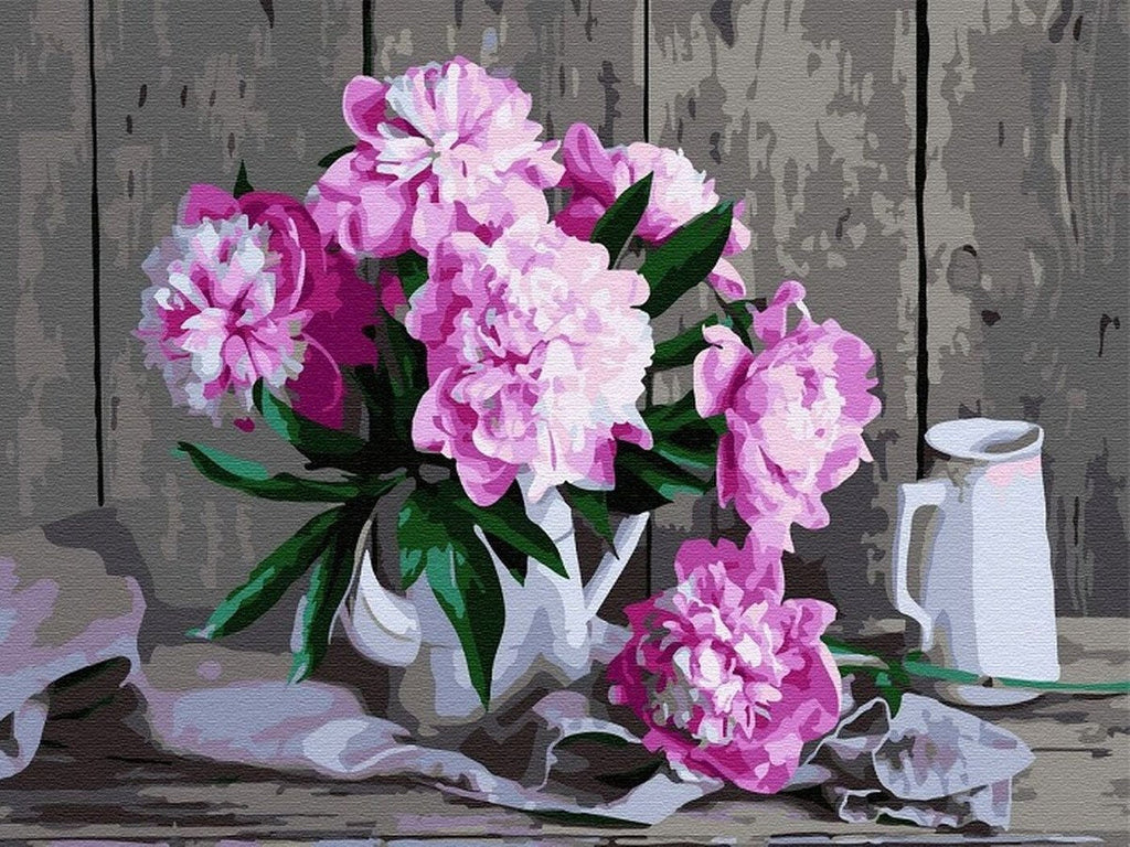 Peonías Rosadas en Florero con Asas en el Fondo de Madera Pintar por Números