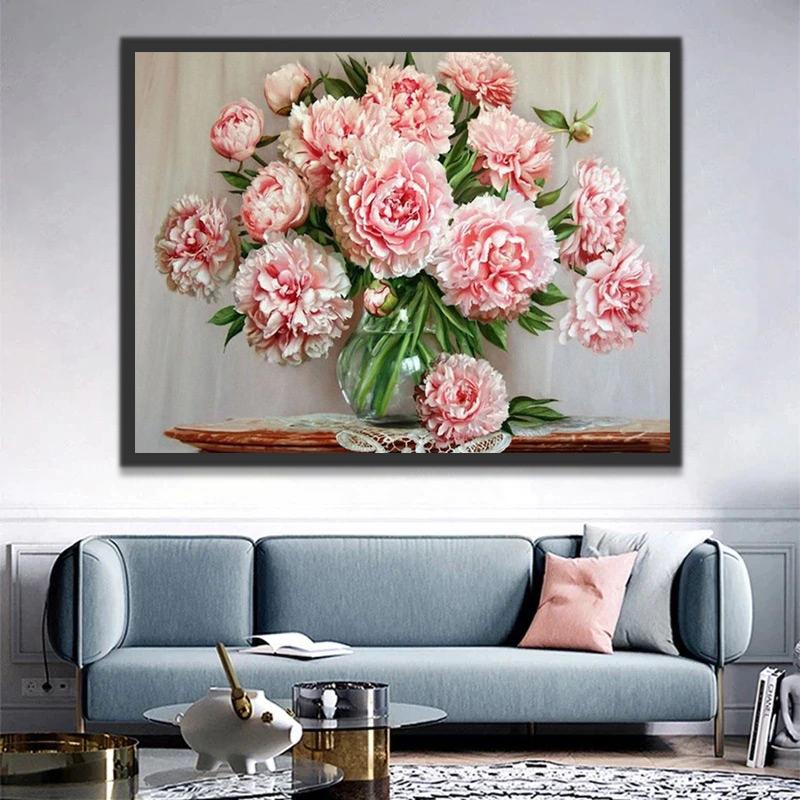 Peonías Rosadas en Jarrón de Cristal con Fondo de Textura Blanca Pintar por Números