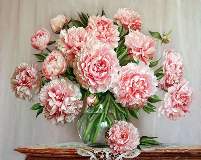 Peonías Rosadas en Jarrón de Cristal con Fondo de Textura Blanca Pintar por Números