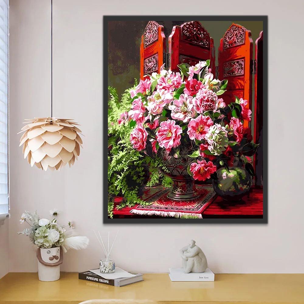 Peonías Rosadas y Biombo Rojo de Madera Pintar por Números