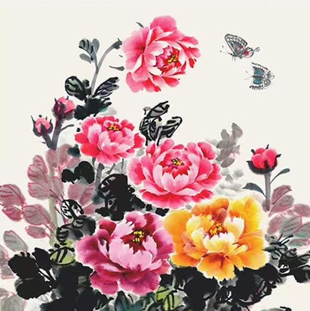 Peonías y Mariposas en Pintura Tradicional China de Tinta Pintar por Números