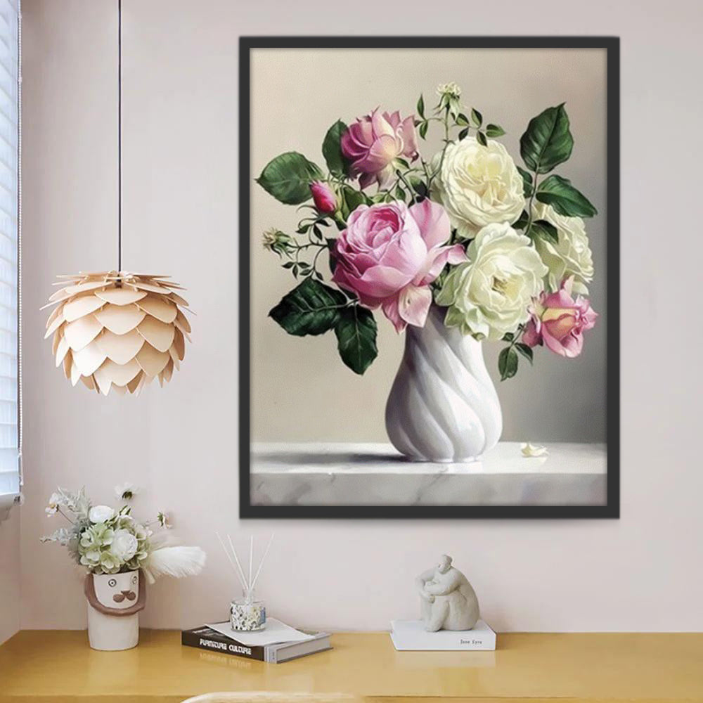 Peonías y Rosas en Florero Blanco de Porcelana Pintar por Números