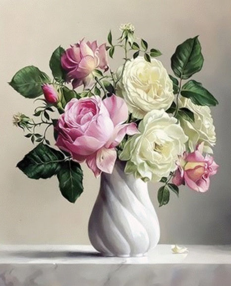 Peonías y Rosas en Florero Blanco de Porcelana Pintar por Números