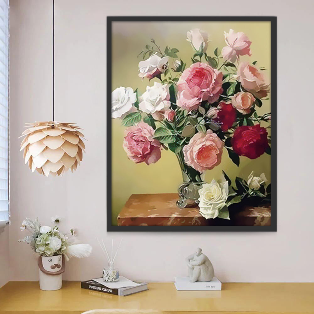 Peonías y Rosas en Florero sobre Mesa de Madera Pintar por Números