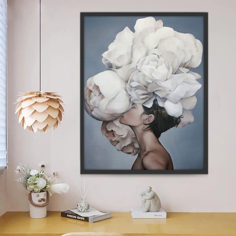 Perfil de Mujer y Peonías Blancas Pintar por Números