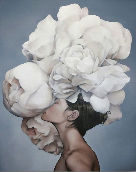 Perfil de Mujer y Peonías Blancas Pintar por Números