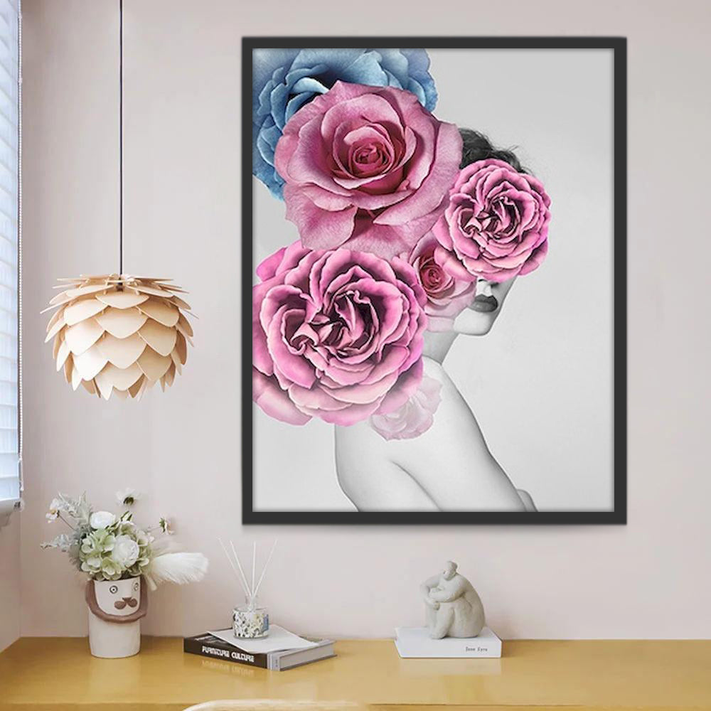 Perfil Gris de Mujer con Rosas de Color Rosado y Azul Pintar por Números