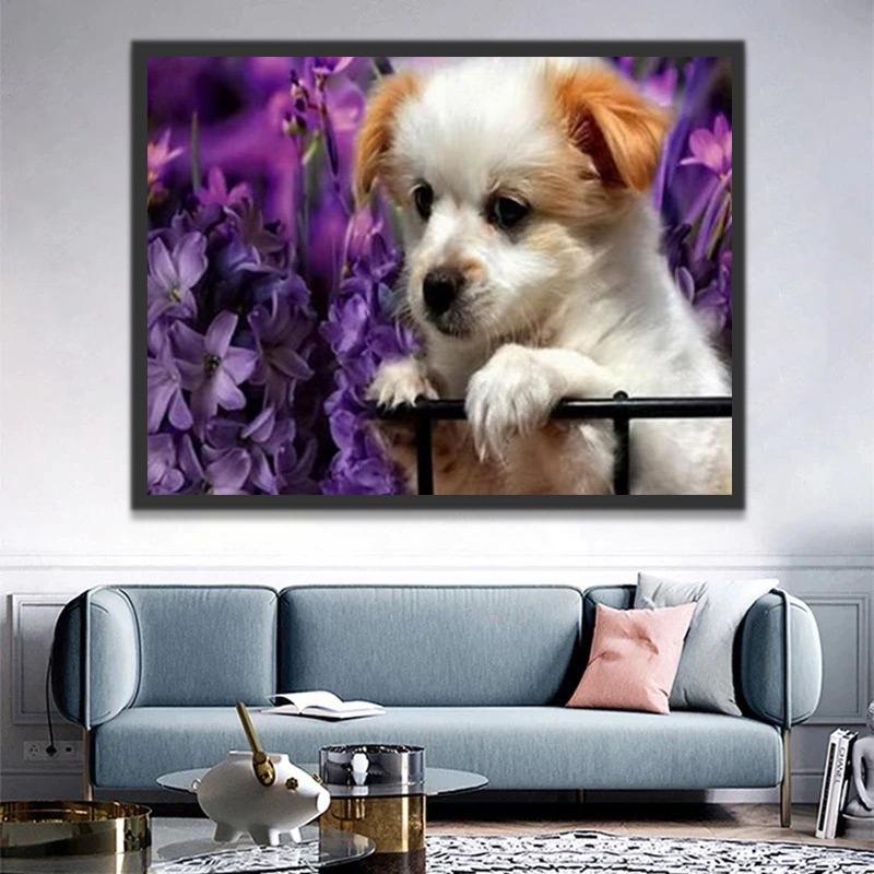 Perrito Adorable y Flores Violáceas Pintar por Números