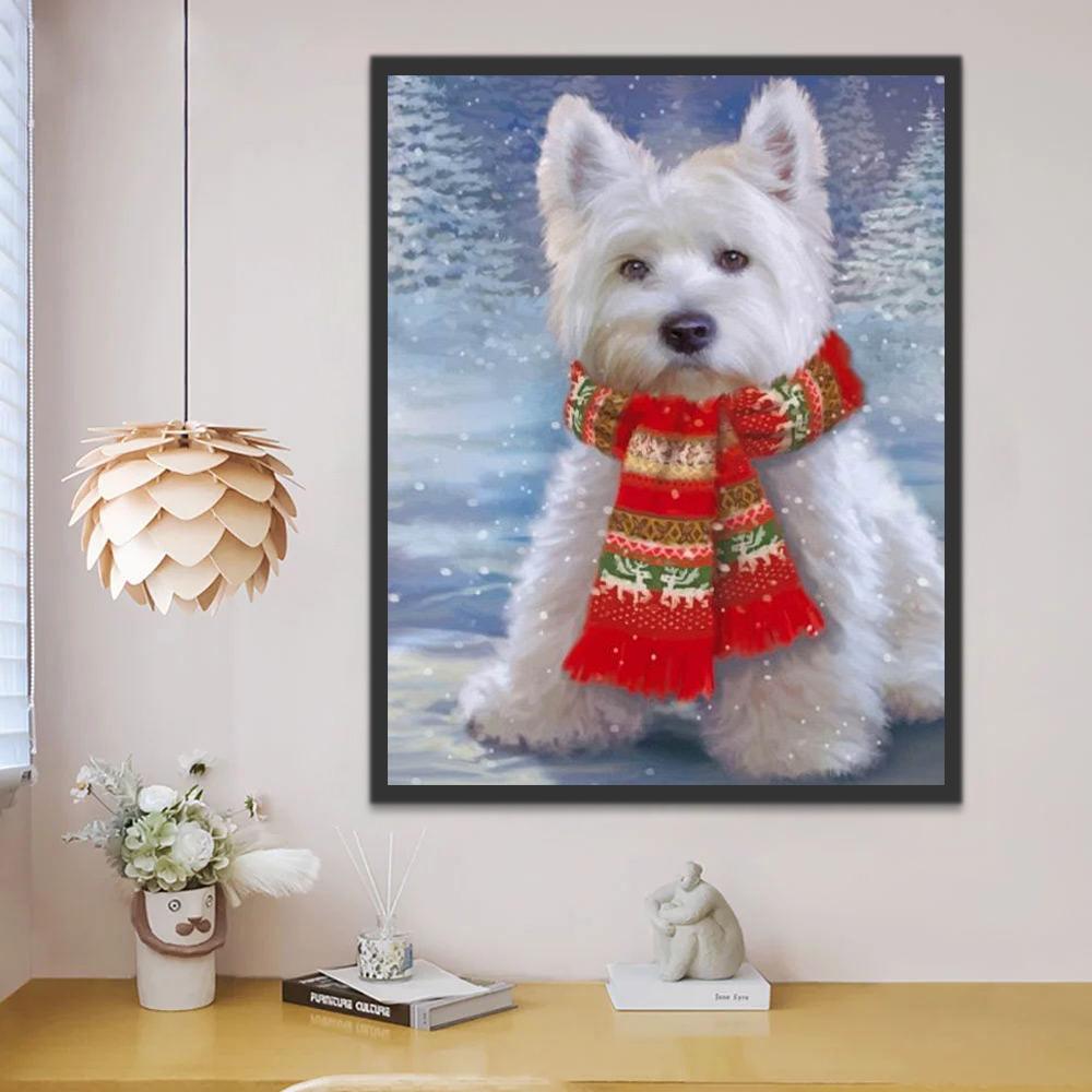 Perrito Blanco con Bufanda de Navidad Pintar por Números