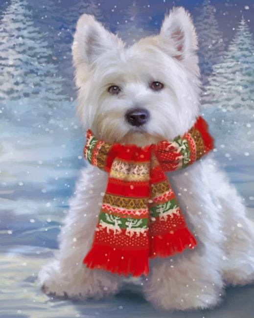 Perrito Blanco con Bufanda de Navidad Pintar por Números