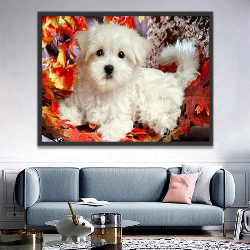 Perrito Blanco Lindo y Hojas de Arce Rojo Pintar por Números