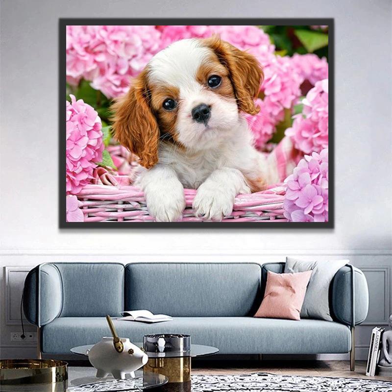 Perrito Lindo y Hortensias Rosas Pintar por Números