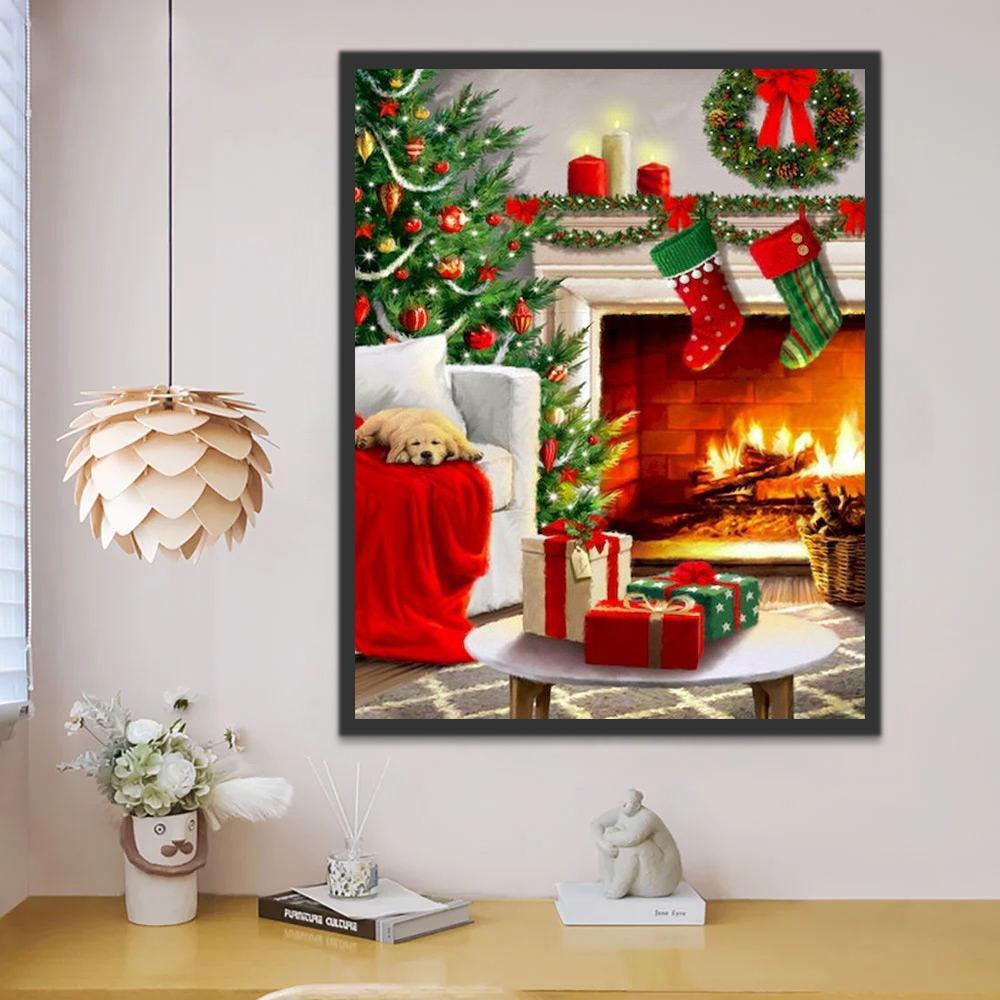 Perrito y Árbol de Navidad y Chimenea Pintar por Números
