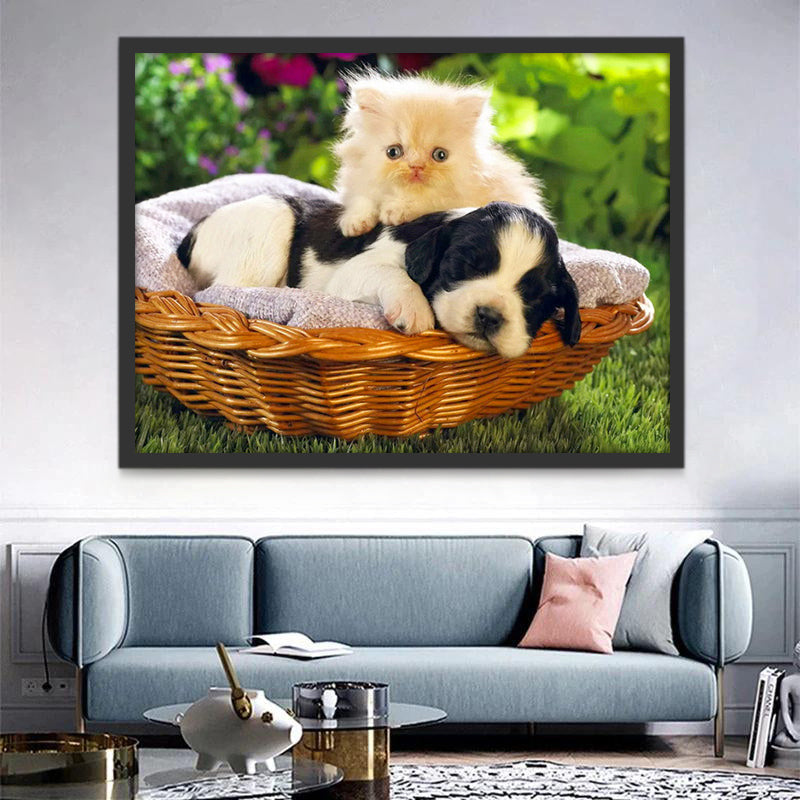 Perrito y Gatito Adorable en Cesta Pintar por Números