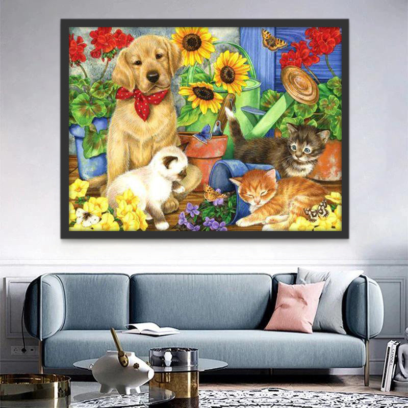 Perrito y Tres Gatitos y las Flores Pintar por Números