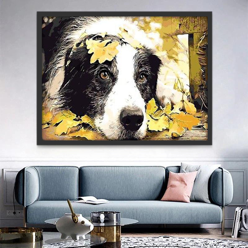 Perro Blanco y Negro y Hojas de Otoño Caídas Pintar por Números