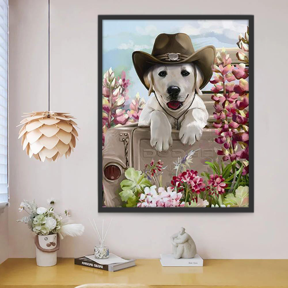 Perro con Sombrero y Las Flores Rosas Pintar por Números