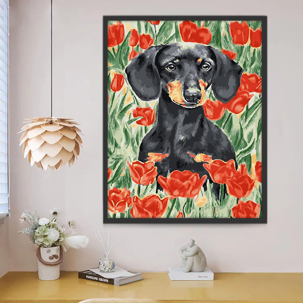 Perro en Flores del Tulipán Rojo Pintar por Números