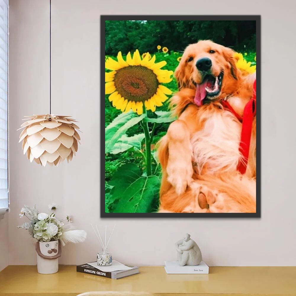 Perro Feliz y un Girasol con Fondo de Árboles Verdes Pintar por Números