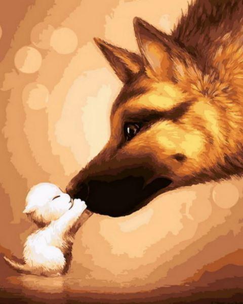 Perro Grande y Gatito Blanco Pintar por Números