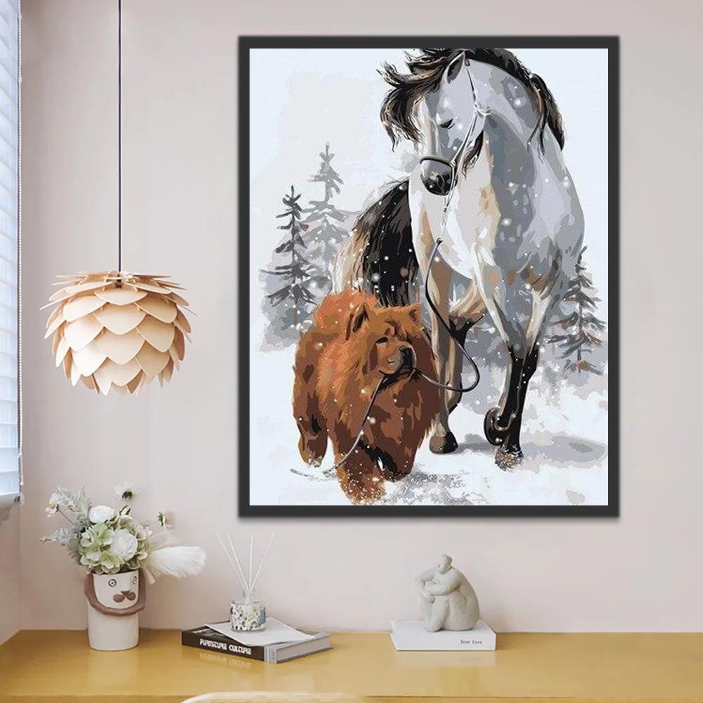 Perro Marrón y Caballo Blanco en la Nieve Pintar por Números