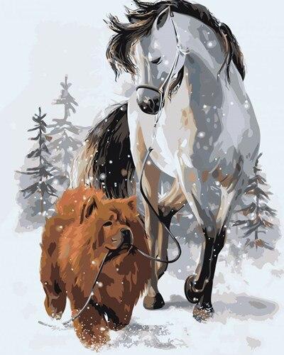 Perro Marrón y Caballo Blanco en la Nieve Pintar por Números