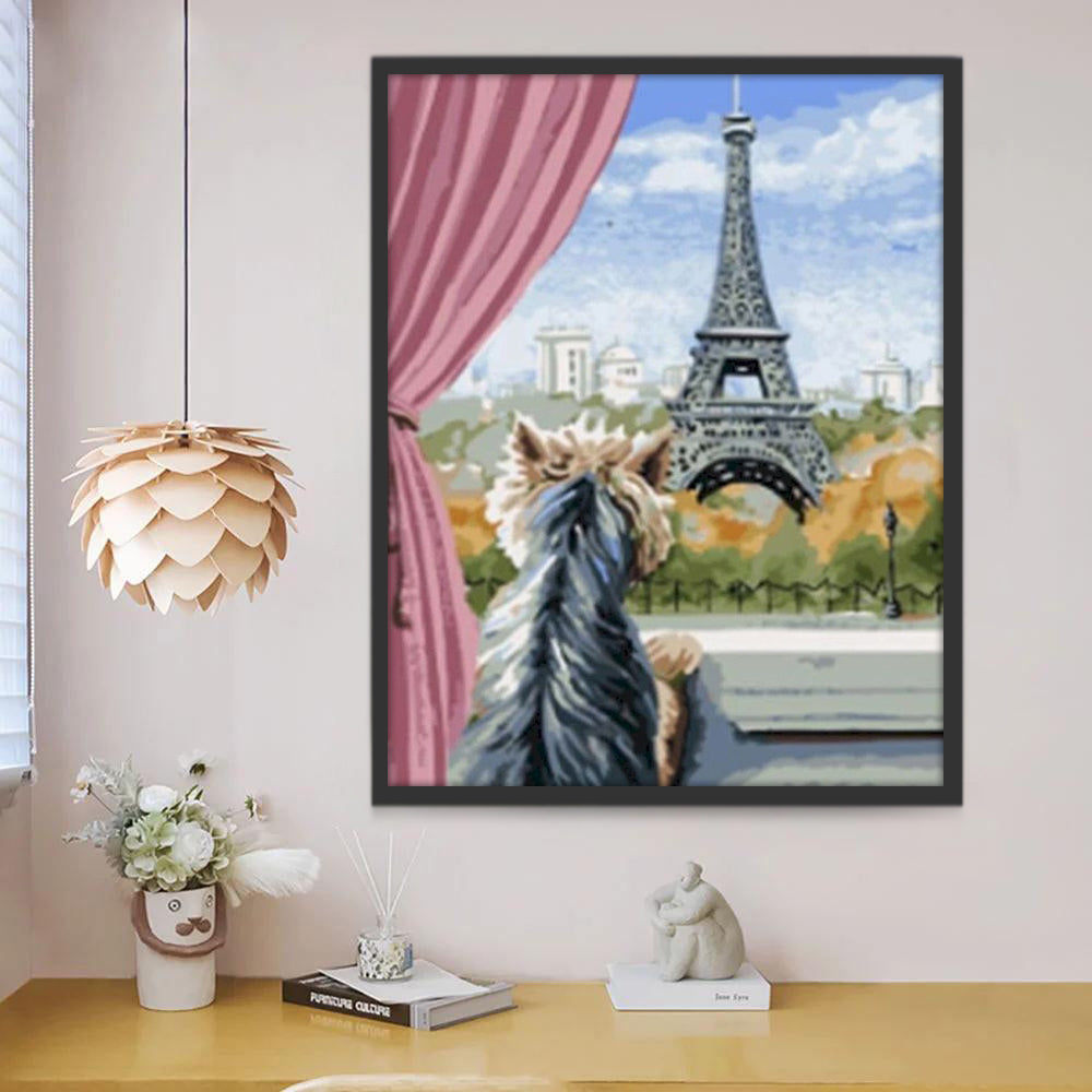 Perro Mirando la Torre Eiffel por la Ventana Pintar por Números