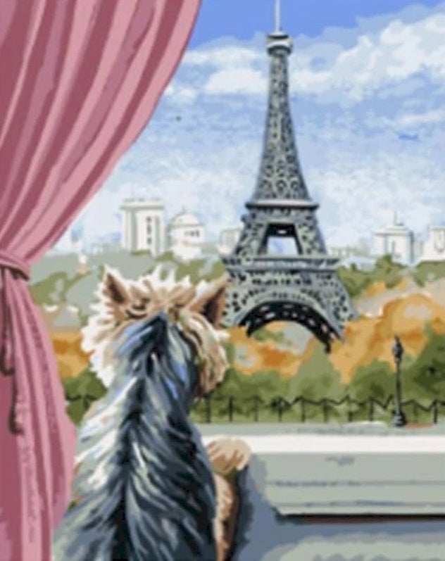 Perro Mirando la Torre Eiffel por la Ventana Pintar por Números