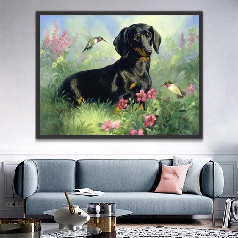 Perro y Dos Colibríes en las Flores Pintar por Números