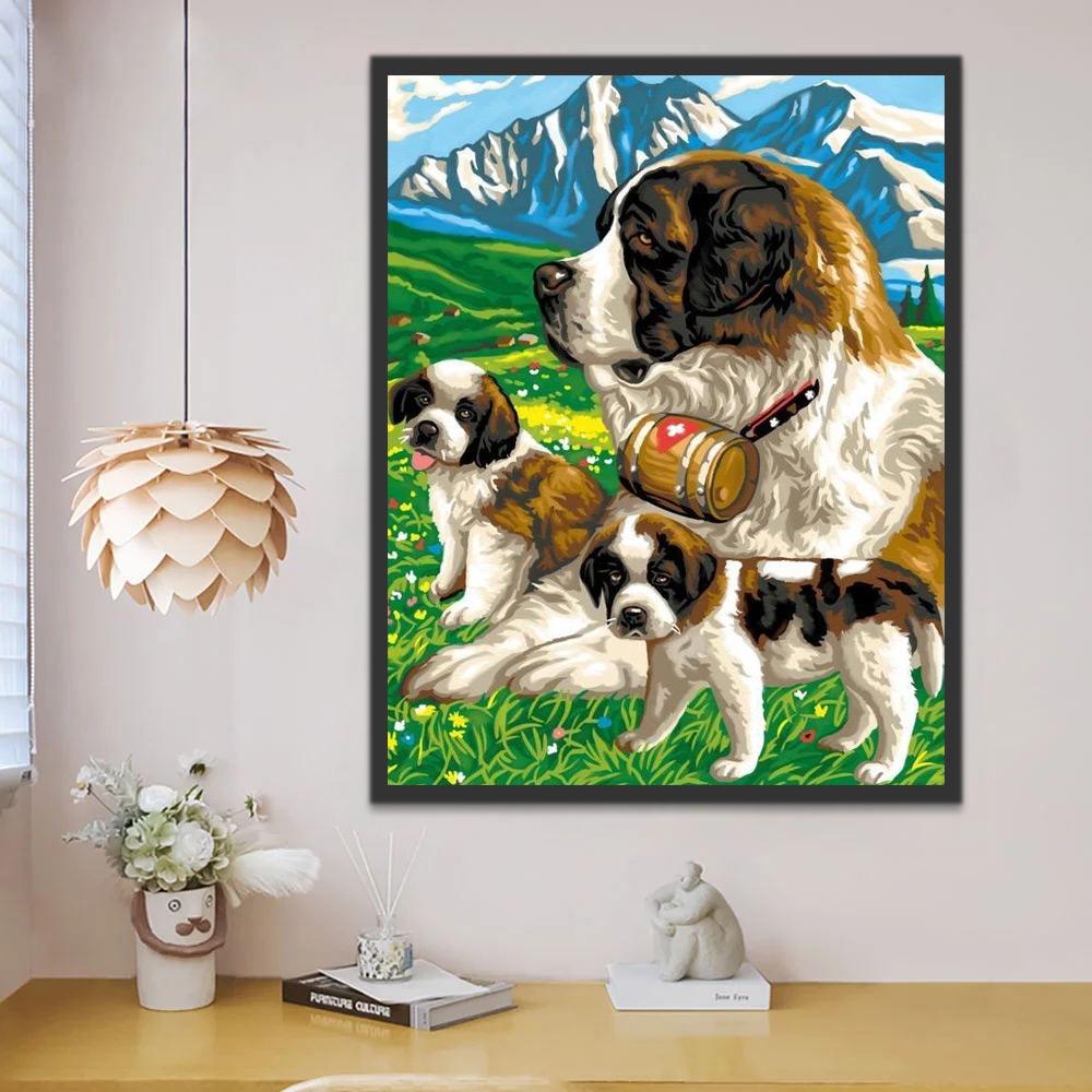 Perro y Dos Perritos en el Césped Pintar por Números